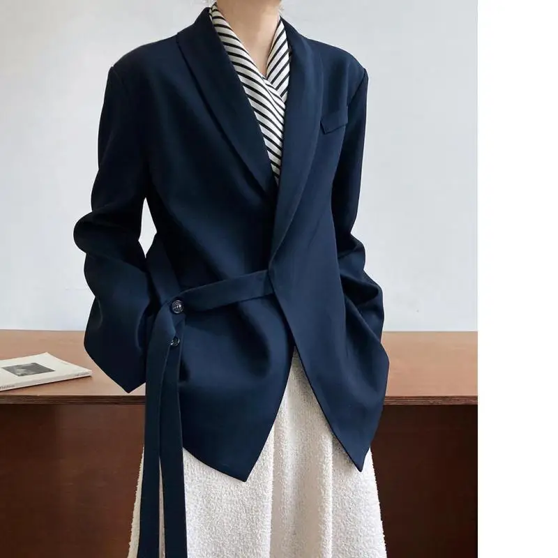 Women Blazer Bandages Vintage Apricot Navy Blue Women Blazers And Jackets Solid Color Leisure Oversized Blazer Coat 2023 New