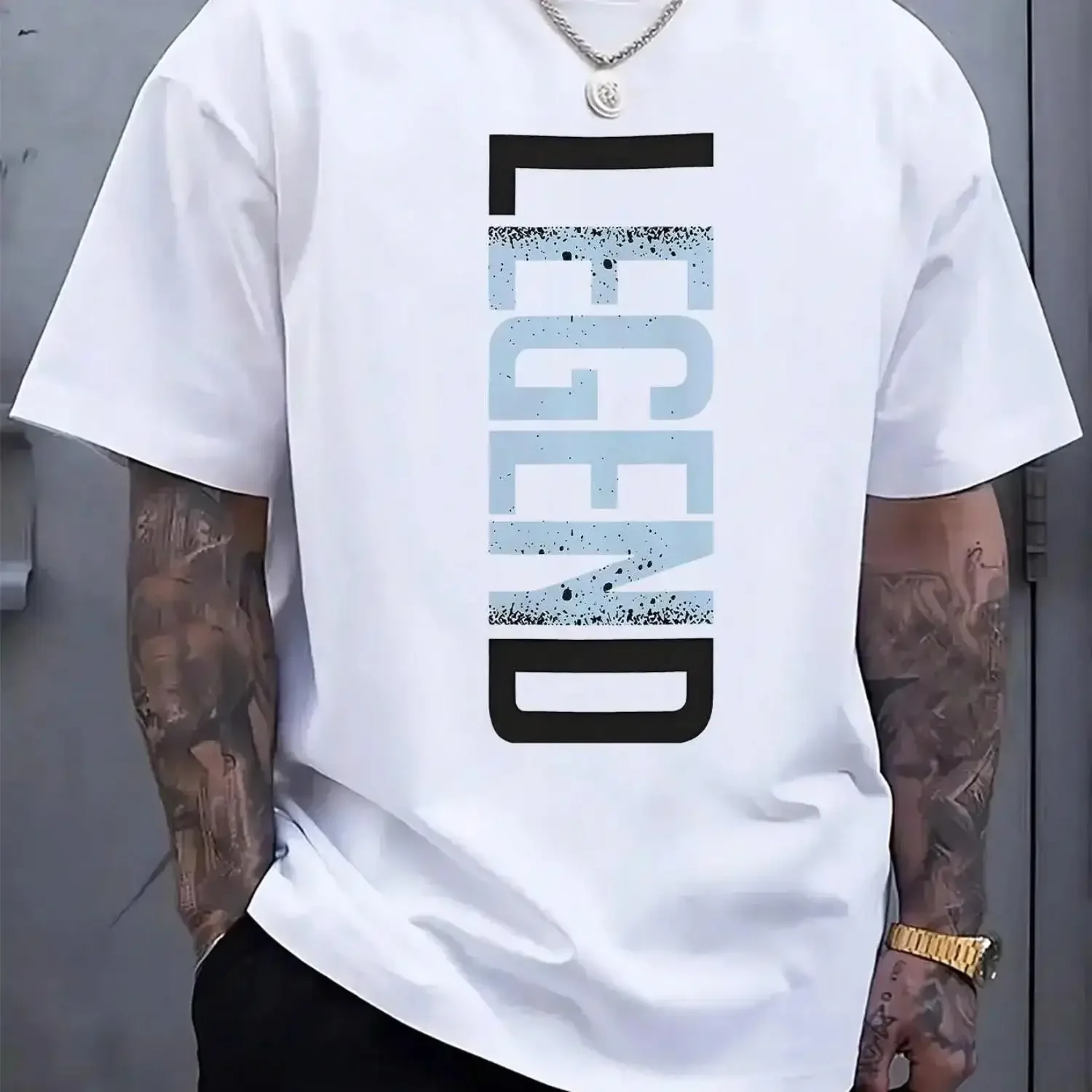 Men's Casual LEGEND Print Crew Neck Short Sleeve T-ShirtBlack With Blue Lettering, Lightweight Polyester Blend