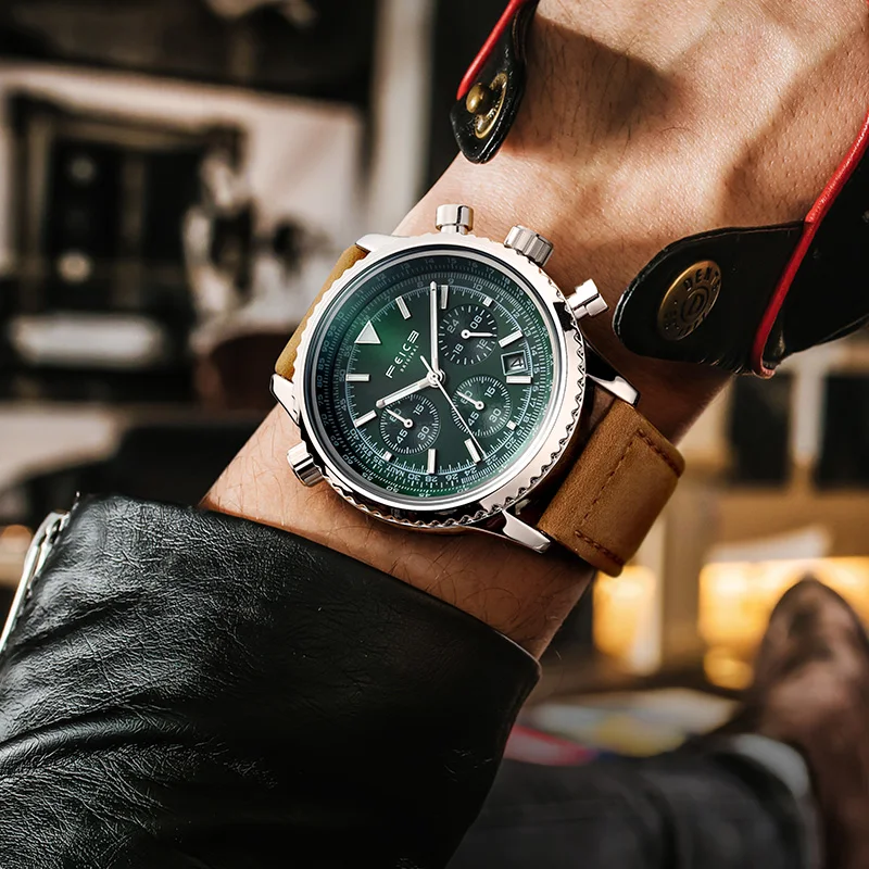 FEICE Men\'s Quartz Watch Leather Fashion Luxury Quartz Wrist Watches Waterproof Sport Watches for Men Chronograph Luminous Watch