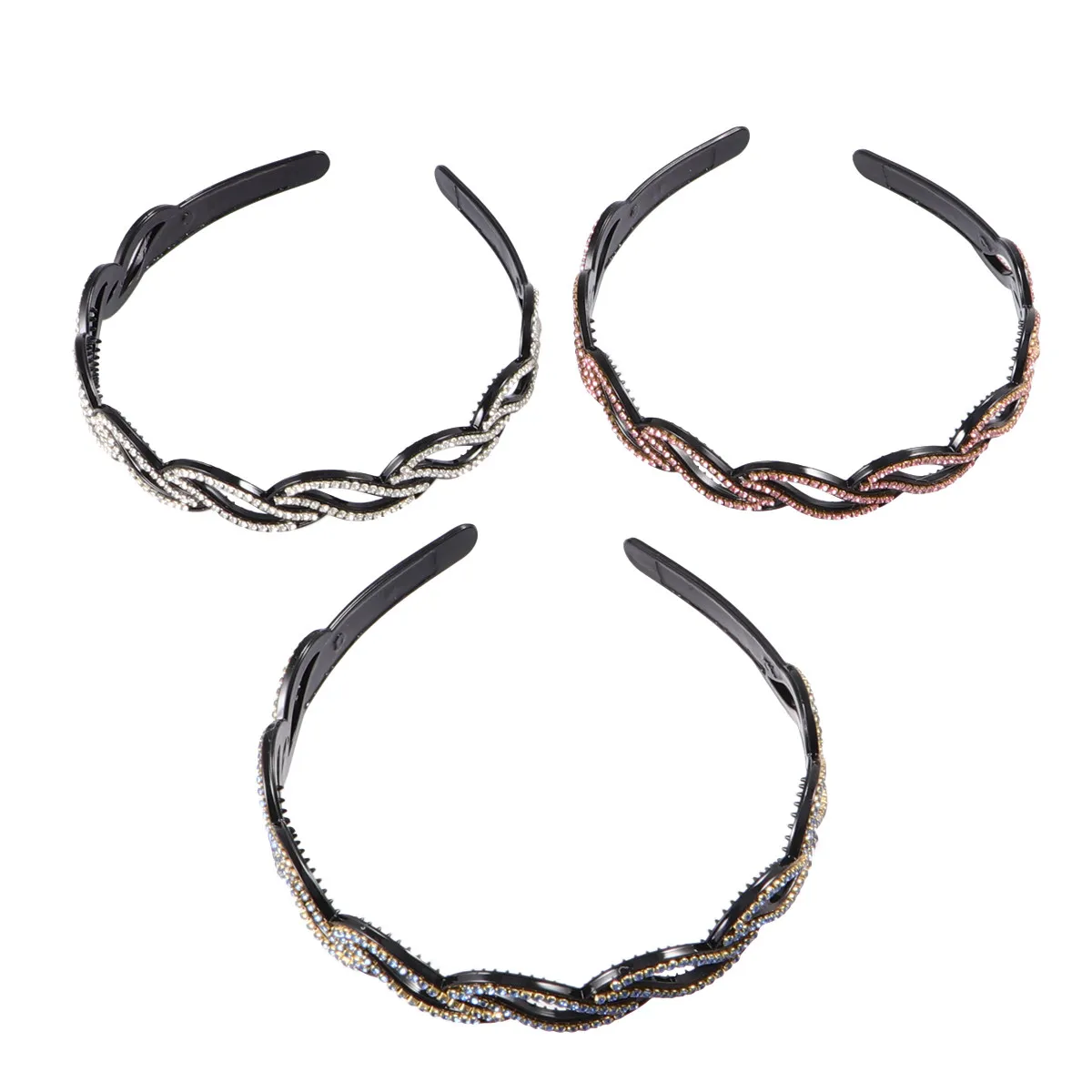 3Pcs Rhinestone Crystal Headband Set Blue Pink White Fashion Hair Accessory Anti-Slip Comfort Fit for Shopping Banquet Beach