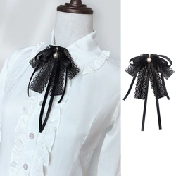 Women Black Lace Ribbon Bow Tie Pearl Pendant Brooch Pin Necklace Jabot Collar Dropshipping