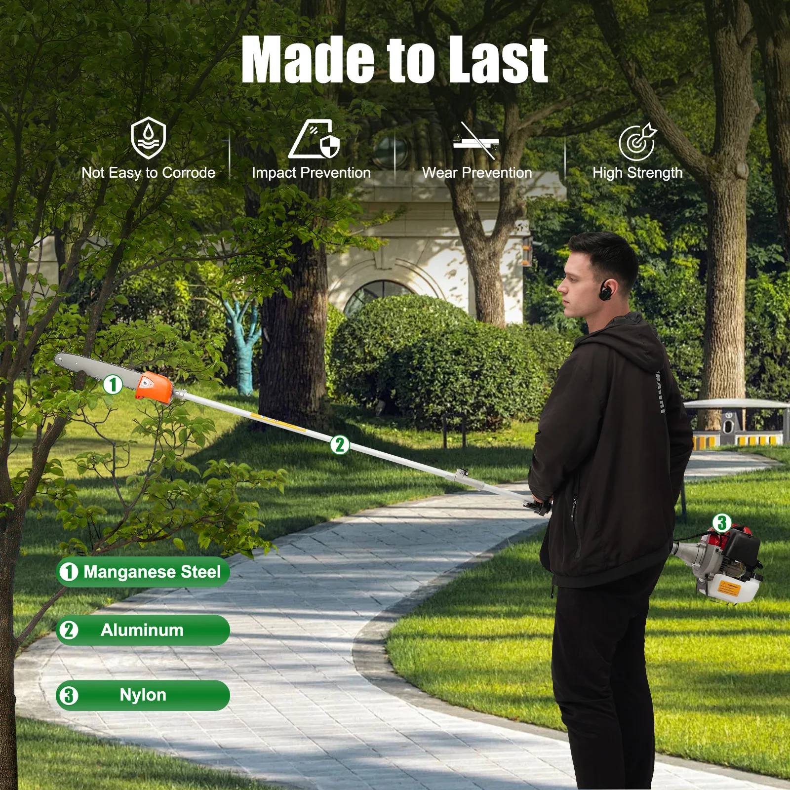 Serra de corrente de poda longa, prendedores de poste de gasolina de 2 tempos 43CC, com barra de serra de 12 polegadas, serra de poste longa retrátil, para aparar árvores