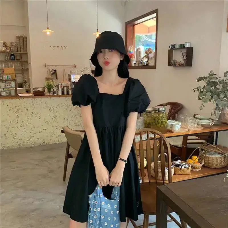 French Vintage Chic Puff Sleeves Mini Dress New Square Collar Loose Doll Off Shoulder Dresses Trendy Korea Sweet Women Clothing