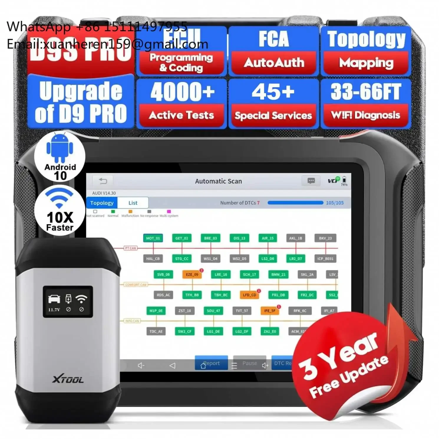 

XTOOL D9S PRO EU Version WIFI Diagnostic Tool,Topology Map,ECU Programming Automotive Scanner,VAG Guided,45+Reset FCA/CANFD/DOIP