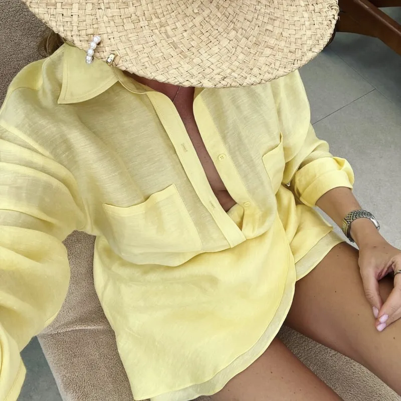 

Nice Casual Vacation Two Piece Sets Women Shirt Suit Yellow Turn-down Collar Bandage Mini Skirt Set Summer Slim Beachwear