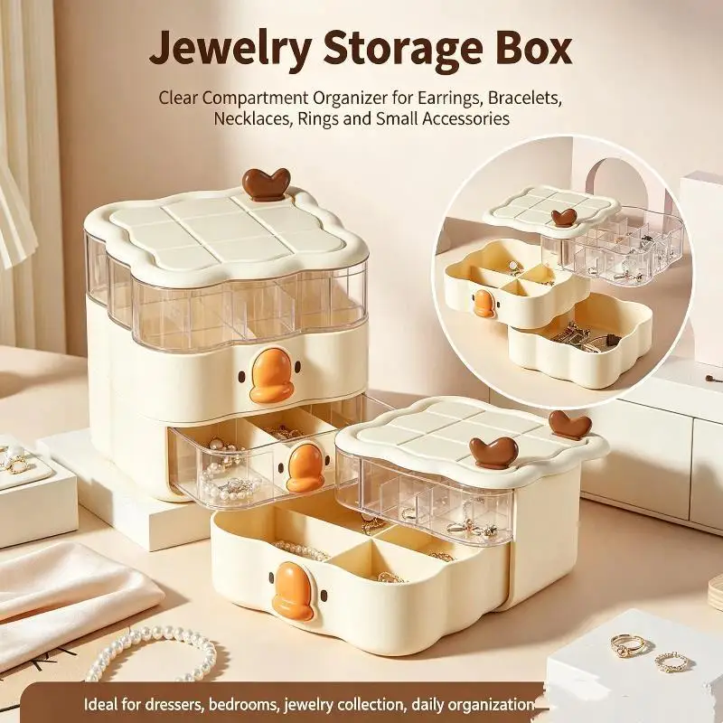 New 360° Rotating Jewelry Organizer 3-tier Large Capacity Jewelry Display Case Dust Proof Space Saving Jewelry Storage Box