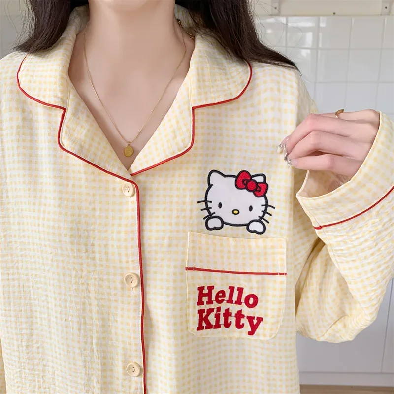 Hello Kitty Women\'s Pajamas Lapel Cotton Two-piece Set Women\'s Clothing Cartoon Sanrio Women\'s Pajamas Hello Kitty Homewear