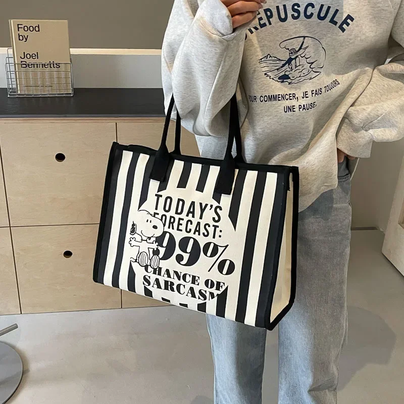 

Snoopy Vertical Stripe Letter Canvas Shoulder Bag Female Cartoon Cute Tote storage bag Large Capacity Handbag