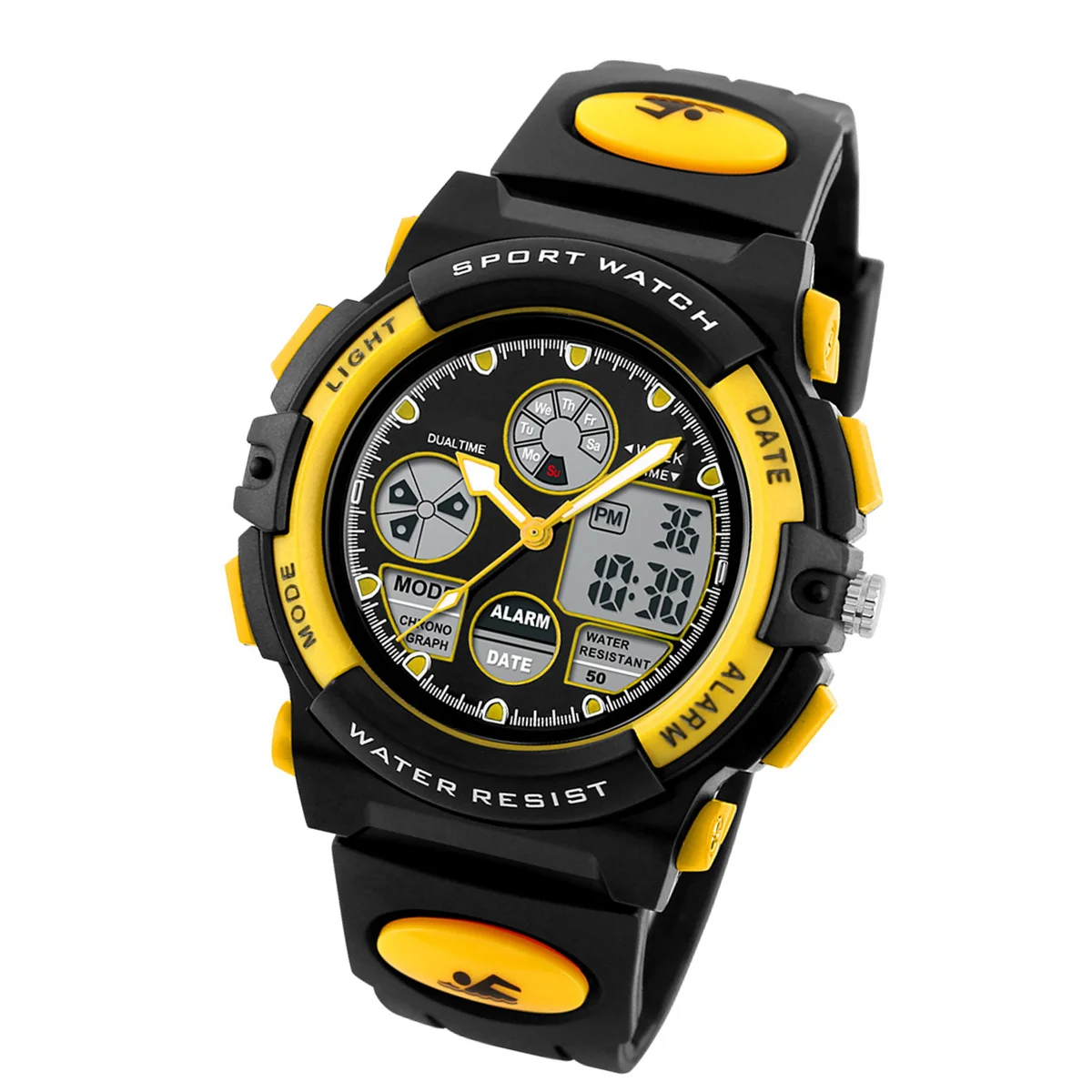 Waterproof Digital Sports Watch Yellow Multifunctional Outdoor Electronic Wristwatch 50m Water Resistant PU Band Stopwatch Night