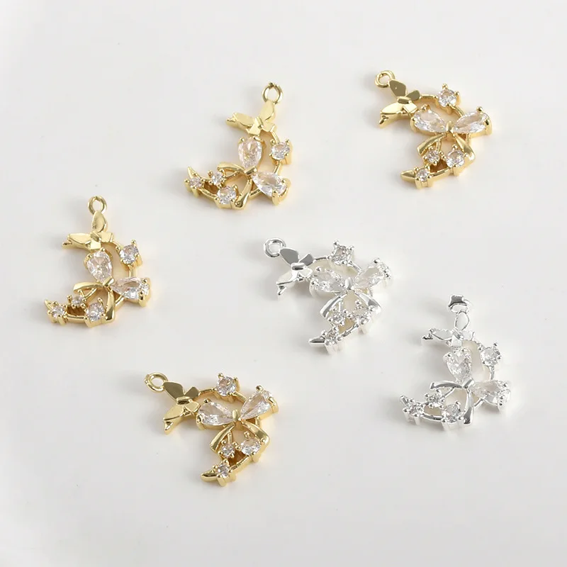 14K Copper Plated Gold Thick Silver Moon Butterfly Inlaid Zircon Pendant DIY Handmade Bracelet Necklace Earrings Accessories