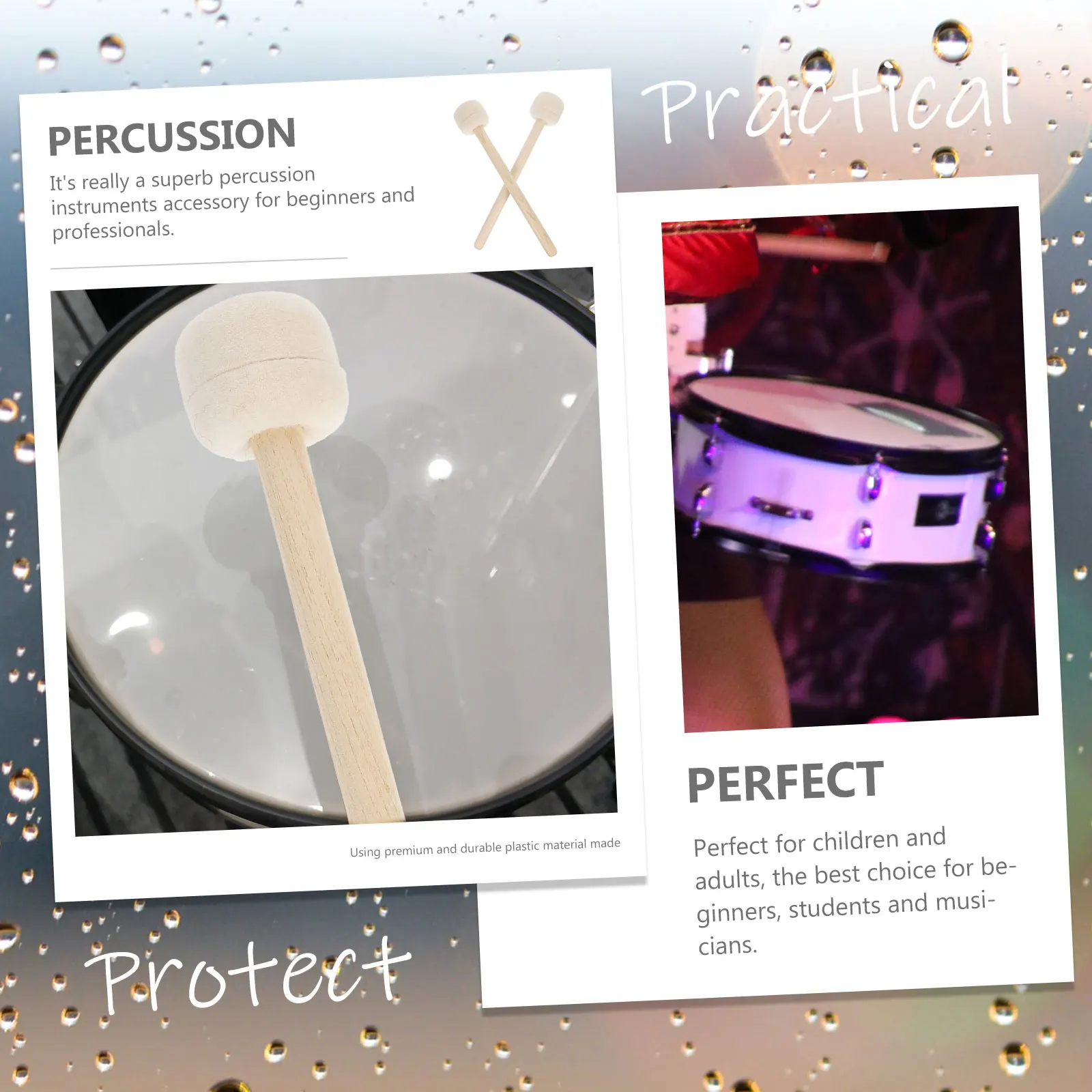 

2pcs Wooden Tube Big Drumsticks Durable Wool Felt Mallets for Percussion Instrument Bass Drum Beater Smooth Hammer Rod