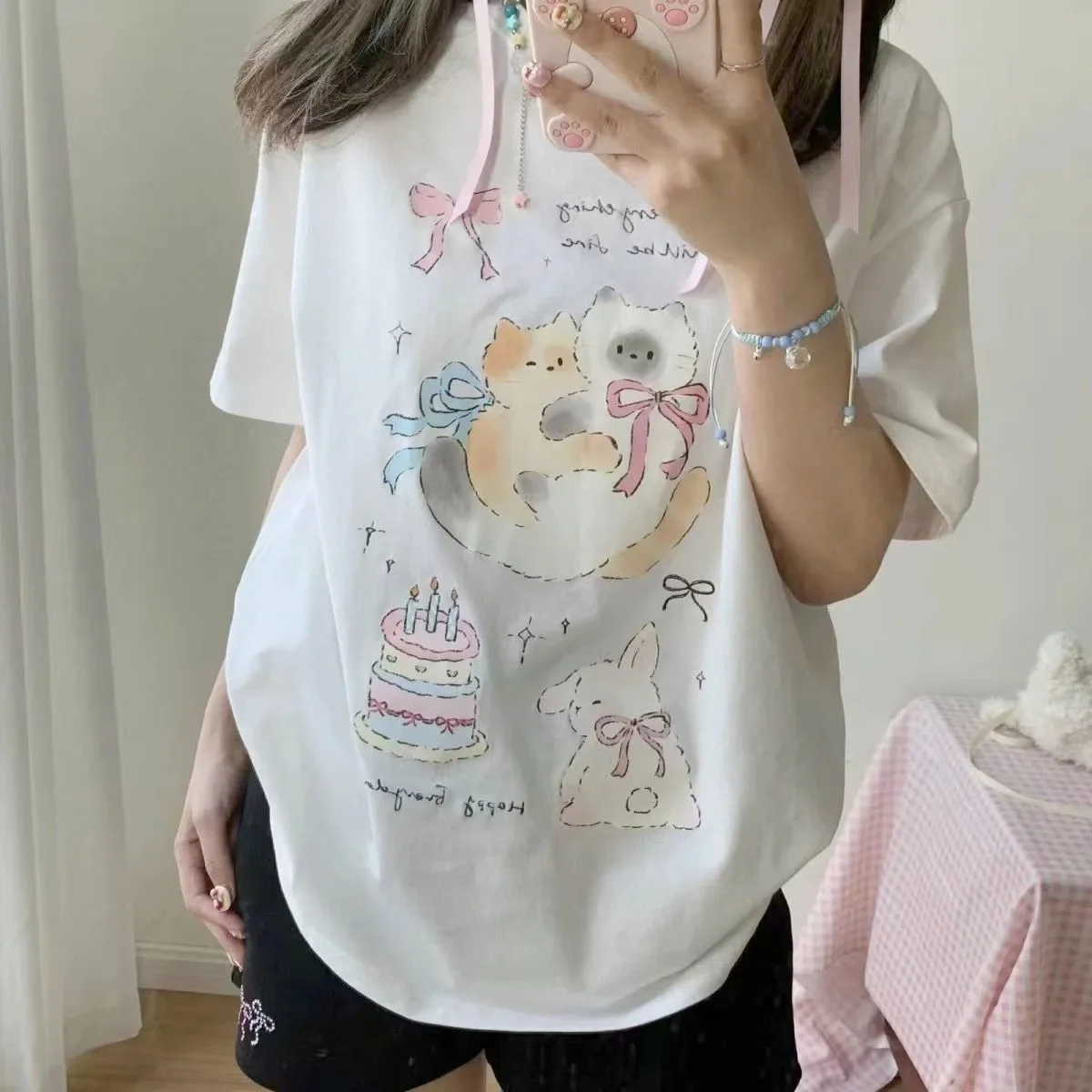 Japanese Sweet Girls Short Sleeve T Shirts Cute Cats Cartoon Printing T-shirt Loose O-neck Y2K Tops Teenage Summer Tees Casual