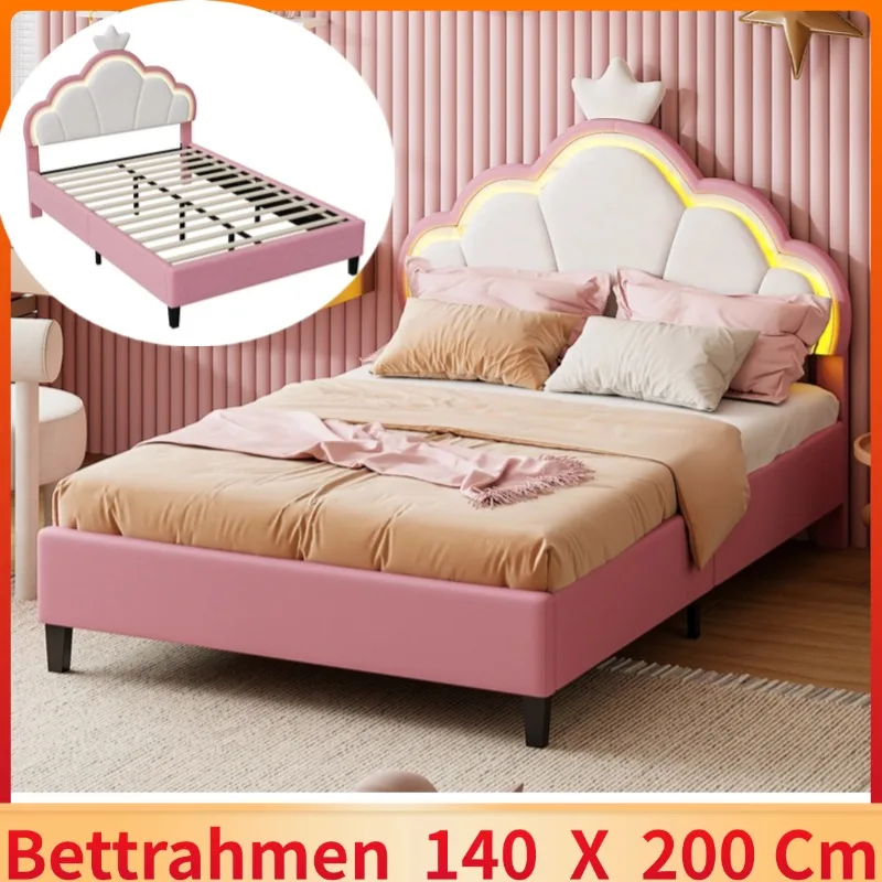 140 x 200 cm Children's bed upholstered bed,white crown girls double bed frame,LED lights, slatted frame and backrest,flannel