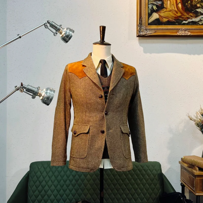 Giacca da uomo in Tweed a spina di pesce stile Semi-formale giacca Vintage americana