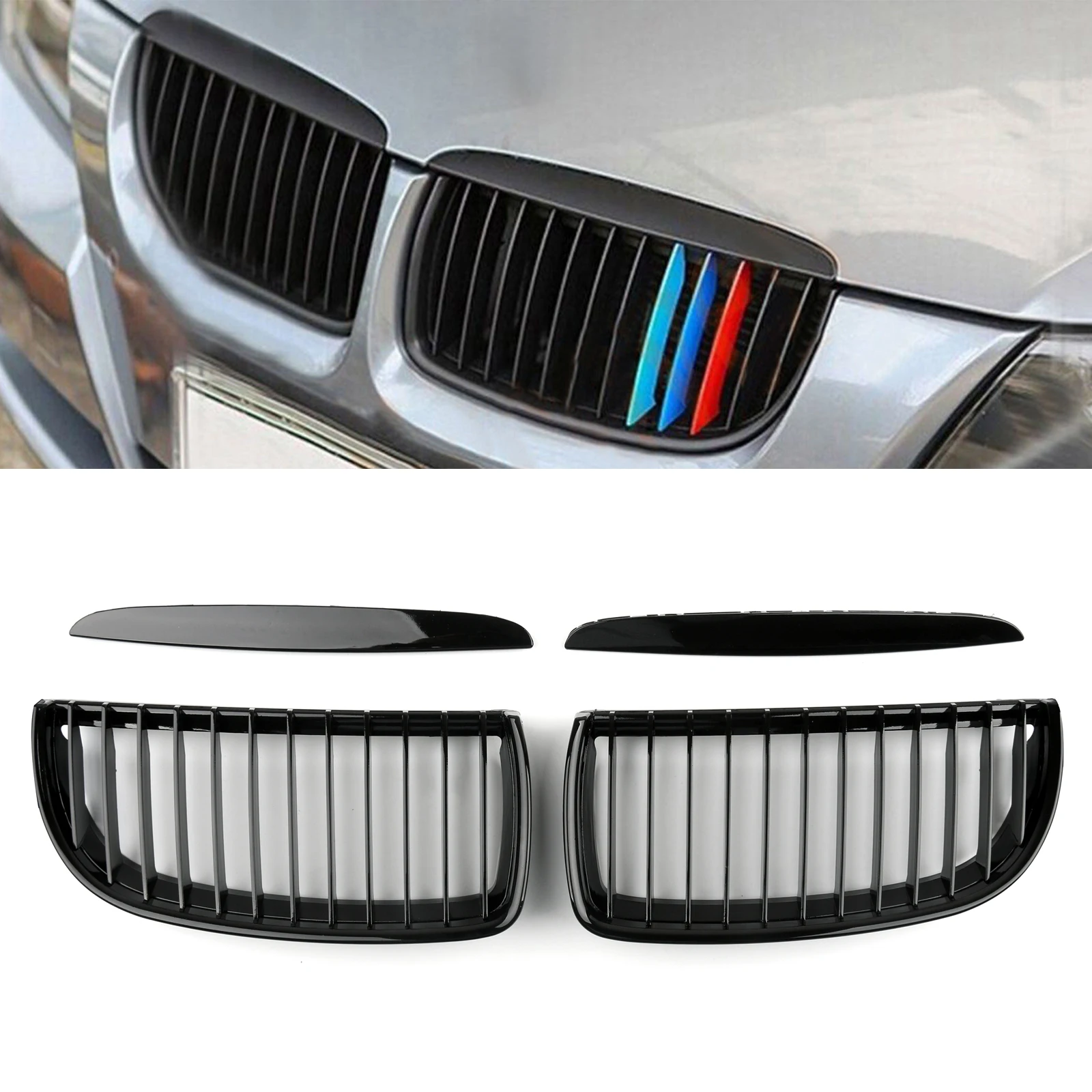 Gloss Black Kidney Grill Mesh Grille Fit For BMW E90 3 Series Sedan 2005-2008