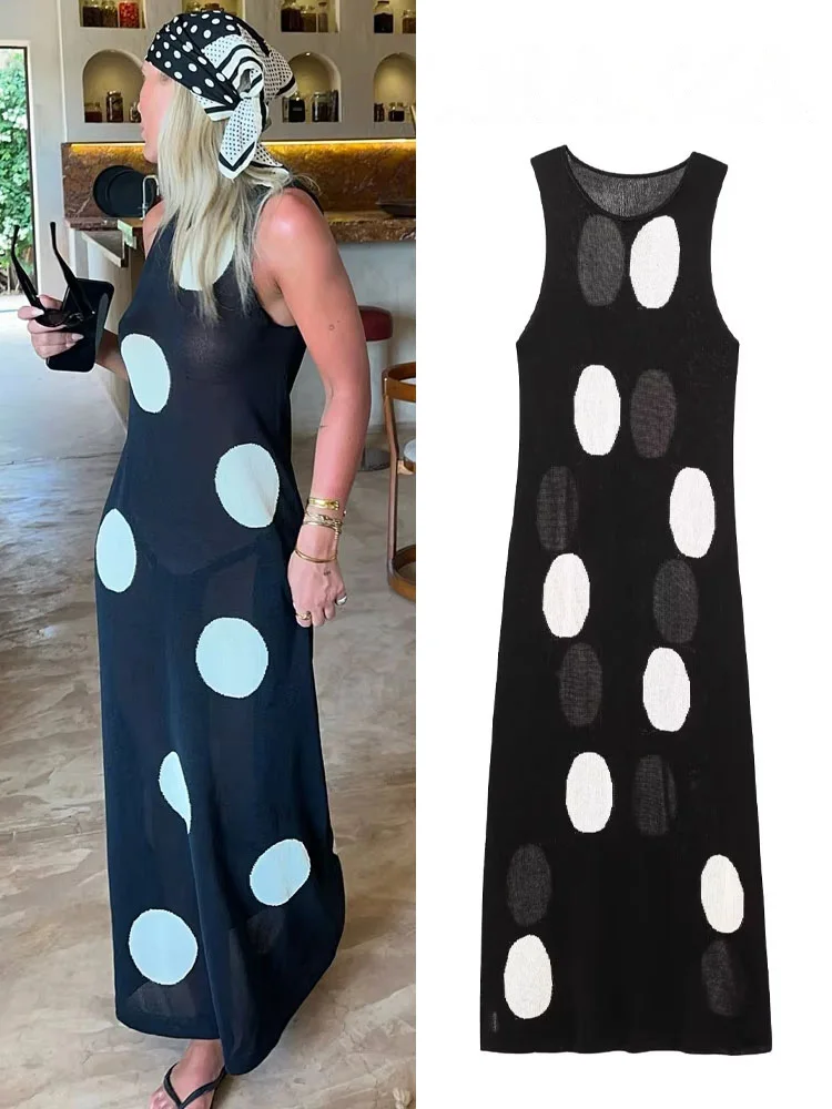 

HH Autumn Women Fashion Crew Neck Knitted Polka Dot Sleeveless Dress Female Elegant Casual Slim Midi A-line Long Dress Mujer