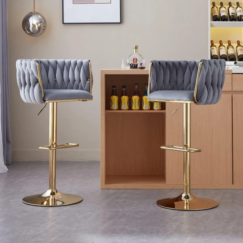 Velvet Bar Stools Set of 4, Swivel Counter Height Bar Stool with Woven Back, Gold Kitchen Bar Stools