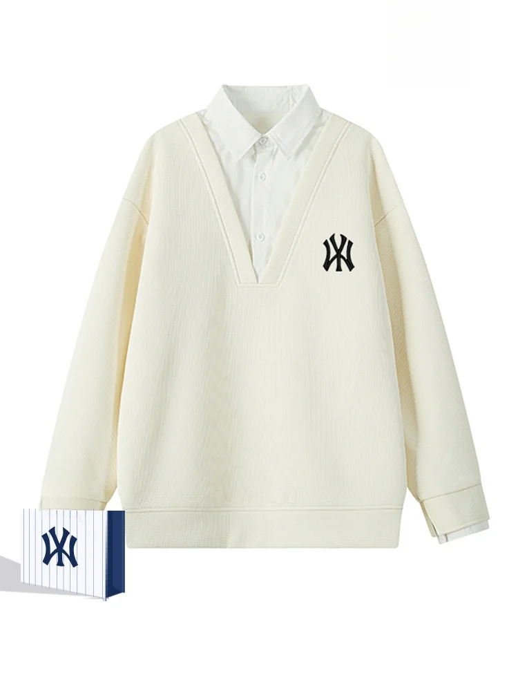 

Loose Casual Versatile Color Fake Two-Piece Sweatirt Trendy Base irt Long Sve Flip Collar Other Pattern