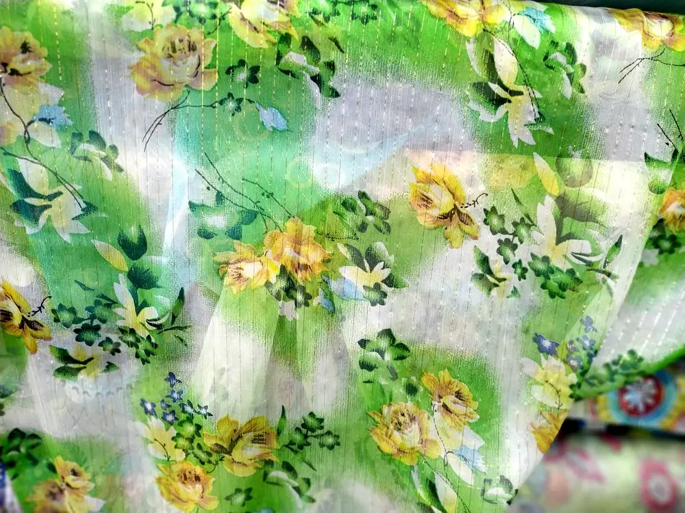 Tulle Gold Thread Silk Chiffon Fabrics Georgette Green Yellow Flowers Print Cloth Sewing Dress Gele Christmas Fabric French Lace