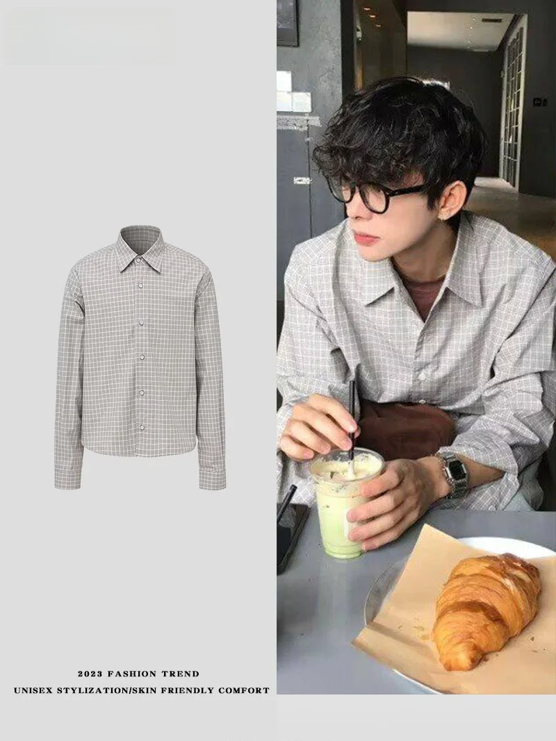 

Retro American Plaid Long Sve irt Men's Cleanfit Versatile Cheered irt Jaet Cotton Pure Youth Faion Spring Autumn