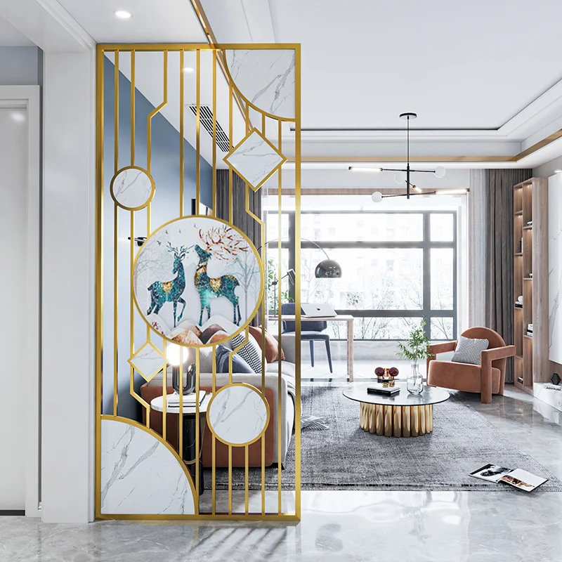 Stainless Steel Folding Screen Partition Living Room New Chinese Style Light Luxury Entrance Door Blocking Modern Simple =