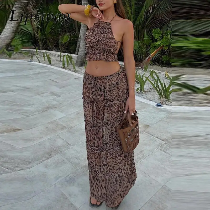 

Women Sexy Sleeveless Backless Beach Party Outfits Elegant Halter Tops and Long Skirts Sets Vintage Leopard Print Evening Suits
