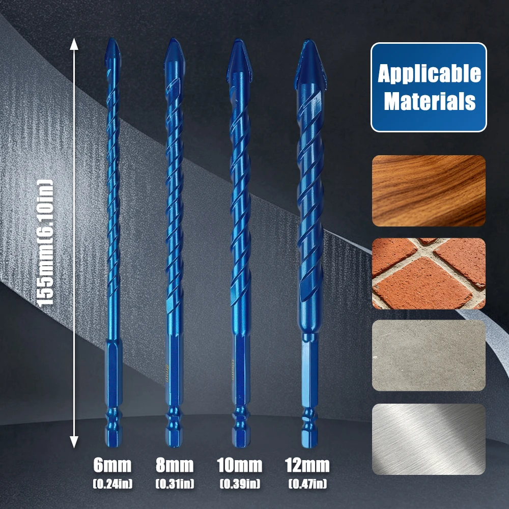 6/8/10/12mm Hex Shank Eccentric Carbide Spiral Drill Bits, Multi-Functional Bits for Glass, Ceramic, Wall Drilling