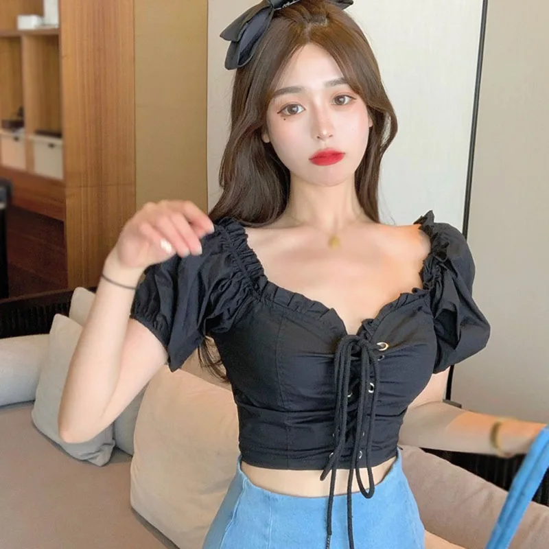 

Retro One-line Neck Strapless Lace-up Short Puff Sleeve Ladies Sexy High Waist Shirt Summer Slimming and Exposing the Navel Top