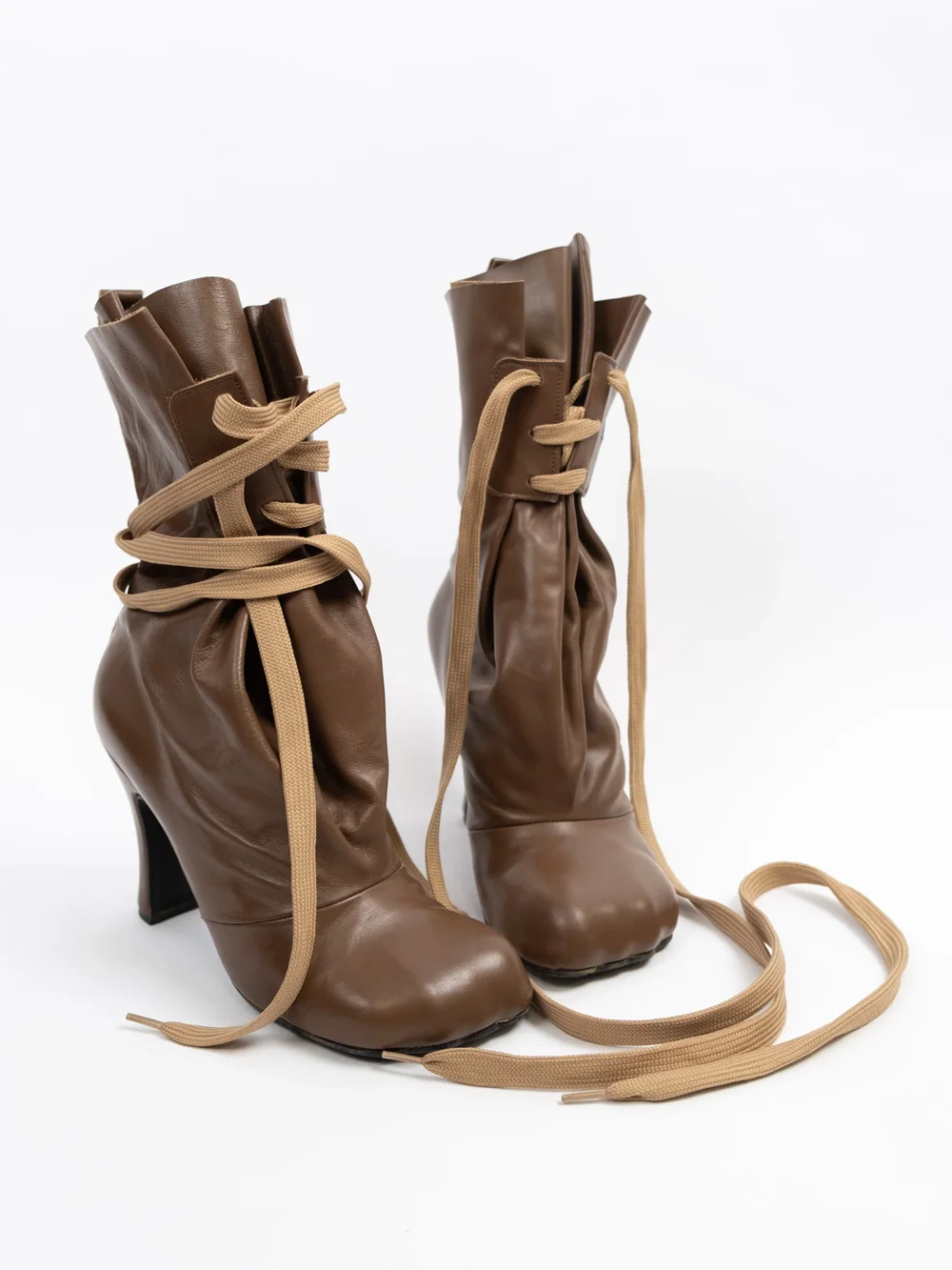 Fashion Brown Leather Unique Claw Toe Short Boots Block High Heel Wrap Lace Design Retro Style Ankle Boots for Women