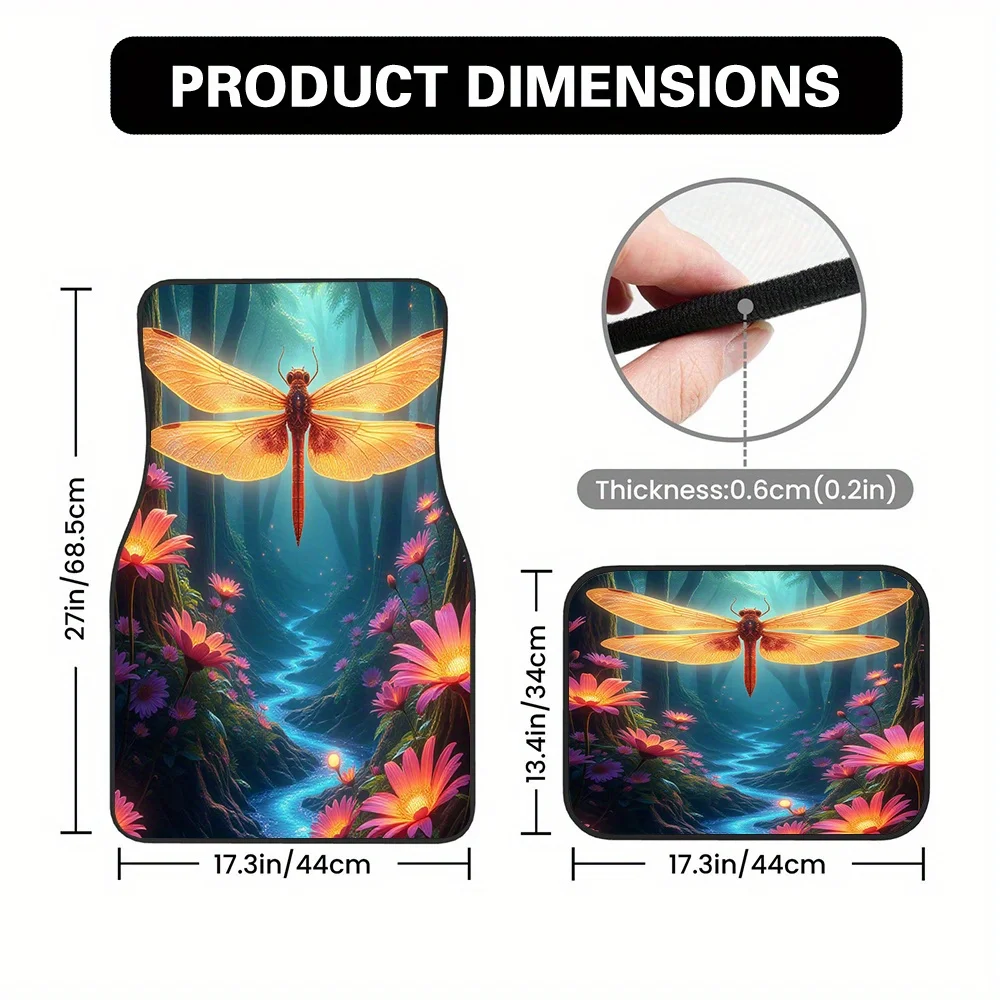 4pcs Vibrant Forest Dragonfly Car Mats - Durable Polyester, Fit For SUVs & Trucks, Ideal For Cleaning & Travel, Indoor/Outdoor U