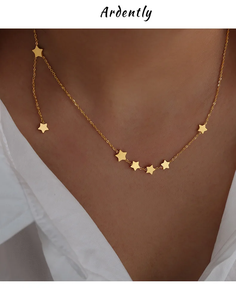 Edelstahl-Halsketten mit dünner Kette und Sternquaste für Damen, 18 Karat vergoldet, kein Anlaufen, Damen-Halskette mit mehreren Stern-Charms – Detail 2