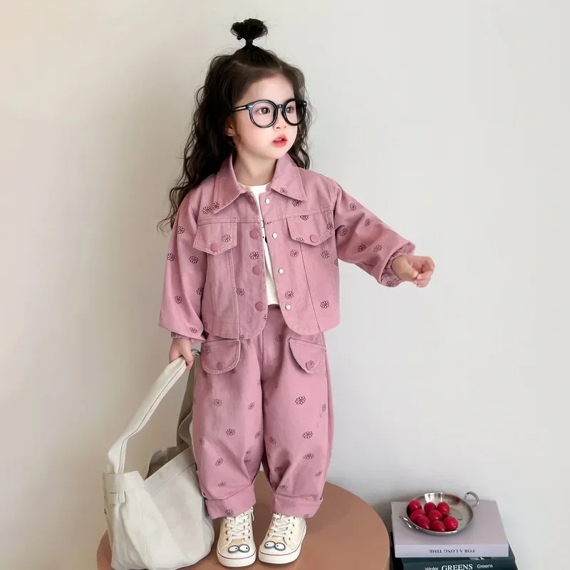 

Girls Coat and Pants Two Piece Set 2025 Spring and Autumn New Korean Fashion Floral Casual Coat and Pants Two Piece Set Trendy