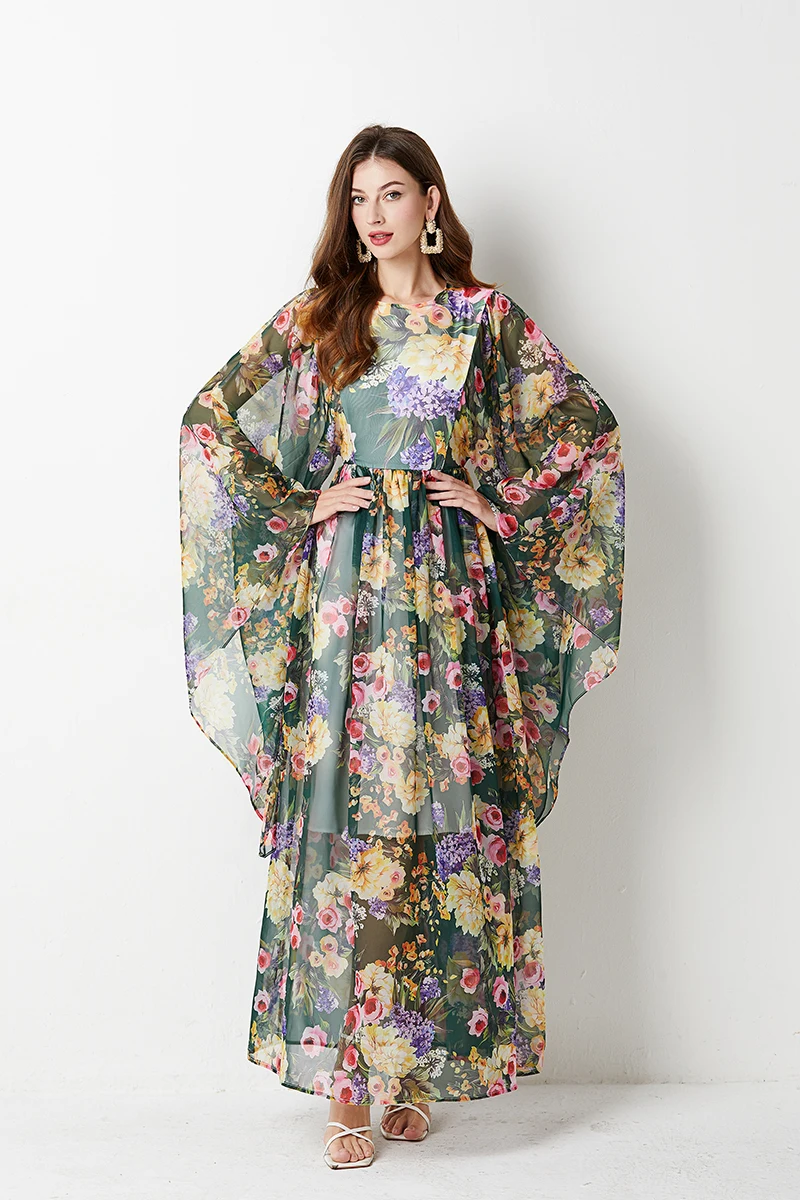 New Summer Bohemian Holiday Flower Print Chiffon Dress Women Clothing O-Neck Long Flare Sleeve Large Swing Maxi Vestidos 640