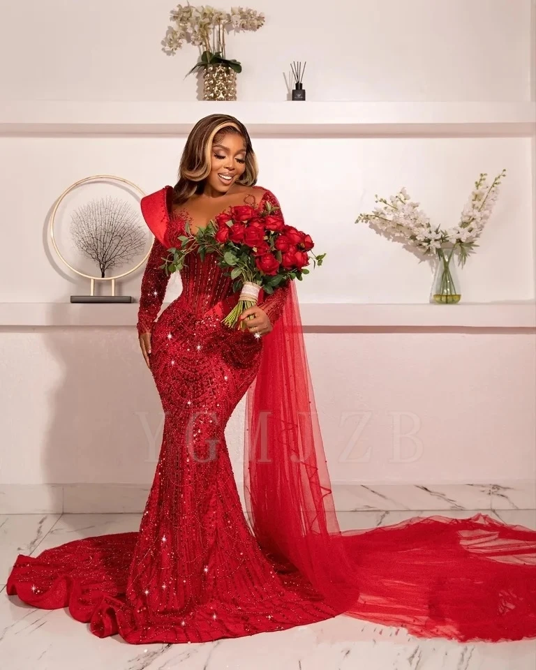 Sparkling Red Long Prom Dreses Mermaid Beaded Lace With Shawl Evening Gown Birthday Wedding Party Gala Dresses Customized image 2