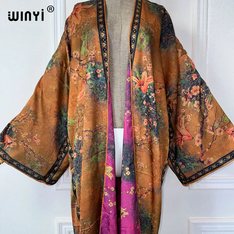 WINYI jesienna wysokiej jakości dwustronnie drukowana jedwabna sukienka plażowa kardigan w stylu Boho elegancka seksowna wakacyjna Kimono z długim