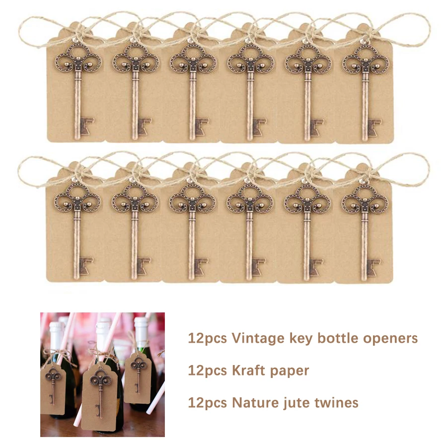 12 vintage copper key bottle openers hang tags natural jute ropes sets creative DIY wedding festival bottle decoration pendants