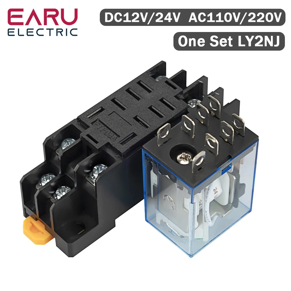 1Pcs LY2NJ HH62P Small Electromagnetic Relay 10A 8PIN Coil Power Relay DC12V DC24V AC110V AC220V With Socket Base DIN Rail