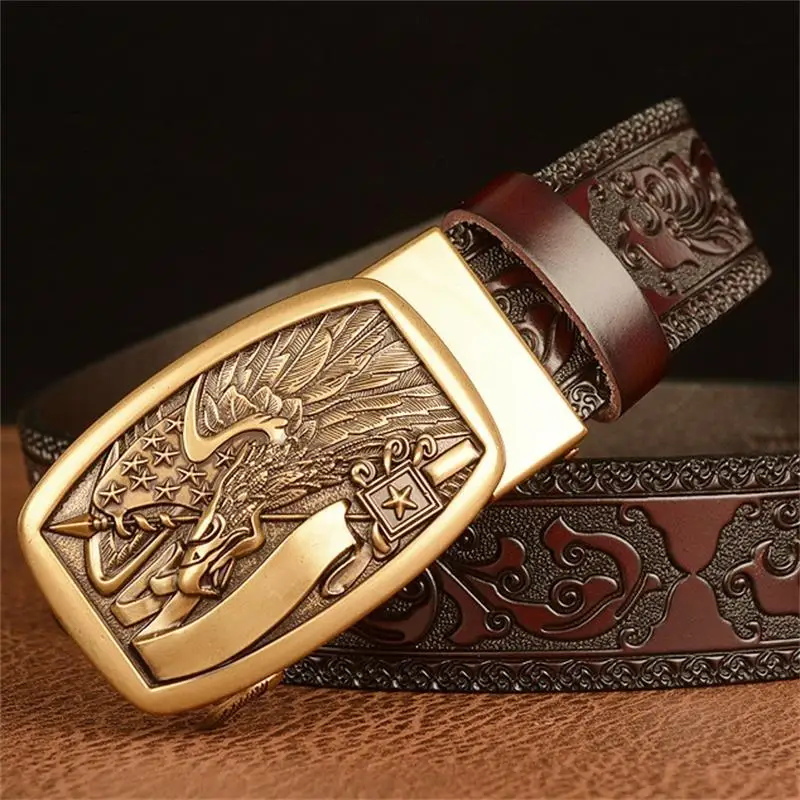 BOKADIAO Men Genuine Leather Belt Luxury USA Eagle Metal Automatic Buckle Cowhide Belts for Men Jeans Waistband Male Strap Black