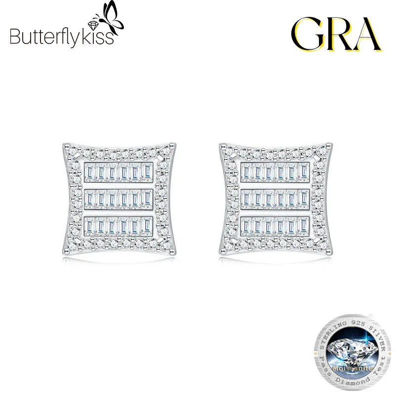 

Butterflykiss Square Multi Row Baguette Moissanite Stud Earrings 925 Silver 18K Gold Plated Sparkling Design Ladies Stud Earring