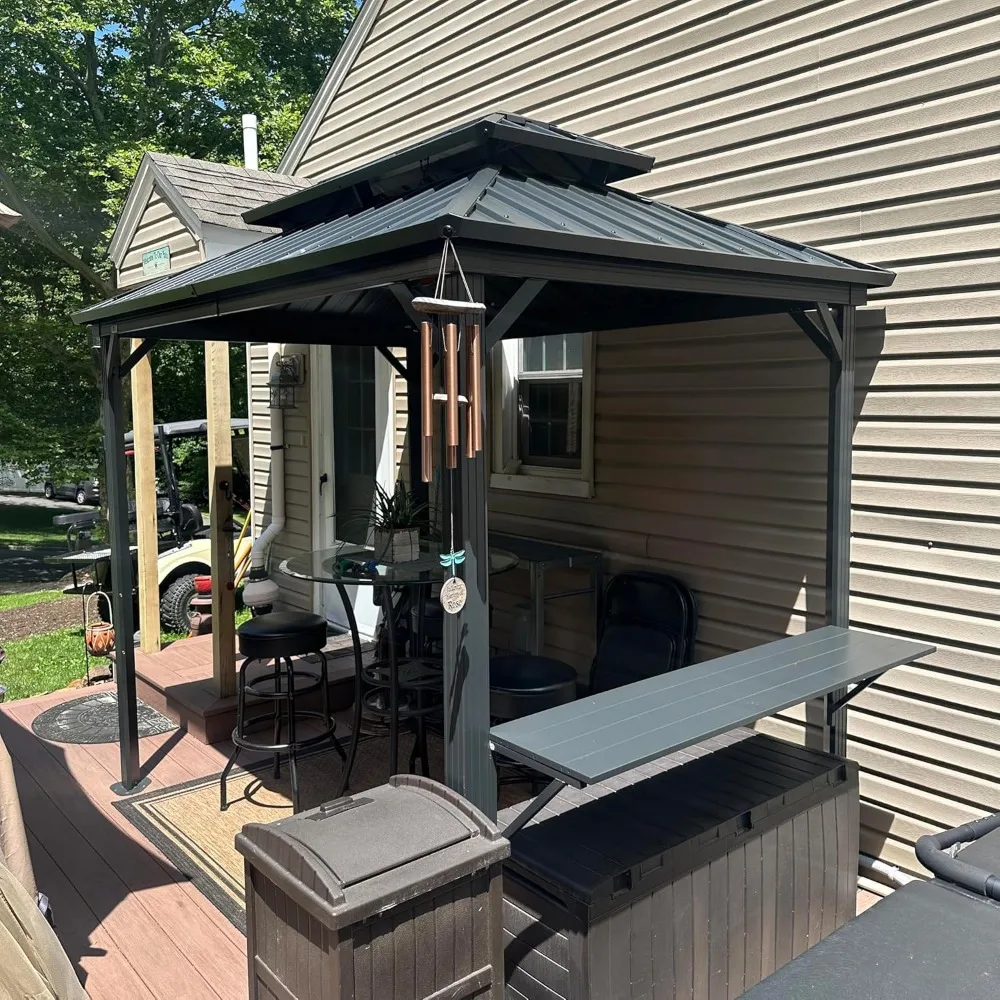 6' X 9' Hardtop Grill Gazebo for Barbecue Patio Permanent Metal Double Roof with Ceiling Hook and Shelves Outdoor Aluminum Sun