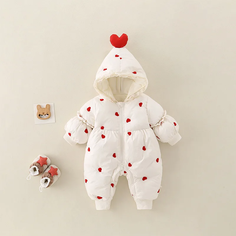 2025 Winter Baby Mädchen Nette Stickerei Hören Dicke Warme Einzigen Fleece Strampler Infant Kinder Mit Kapuze Overalls