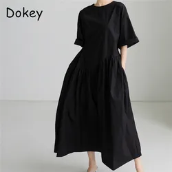 Vintage Bow Lace-up Cotton Linen White Dress Women Japan Mori Girl Short Sleeve Pleated Long Dress Summer Casual Loose Vestido
