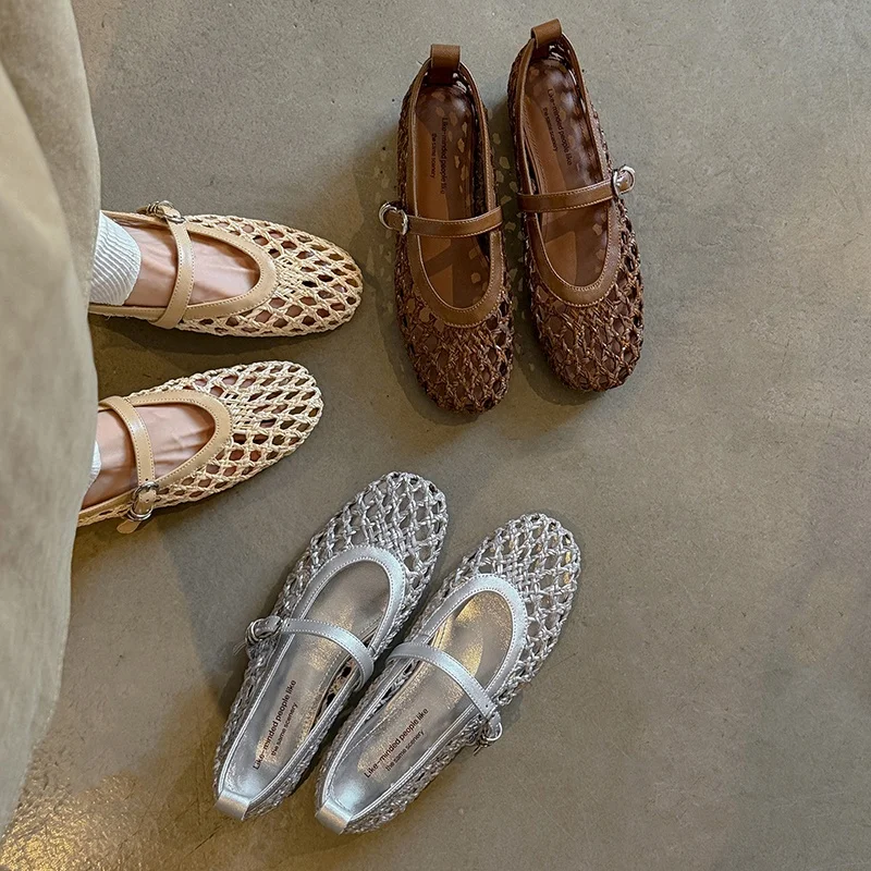2026 new spring summer women sandals natural leather 22-25cmmesh+sheepskin+pigskin round toe buckle mary janes women shoes