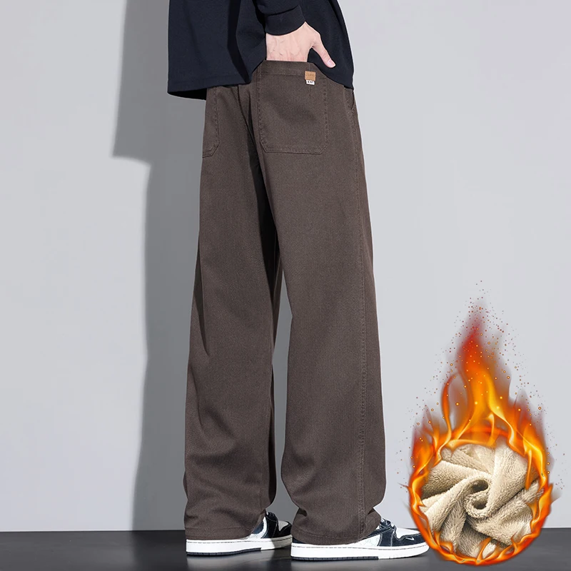 Celana Fleece Pria Musim Dingin Model Lurus Kasual Tebal Berbahan Beludru Hangat dengan Tali Serut Celana Panjang Lebar Merek Pria