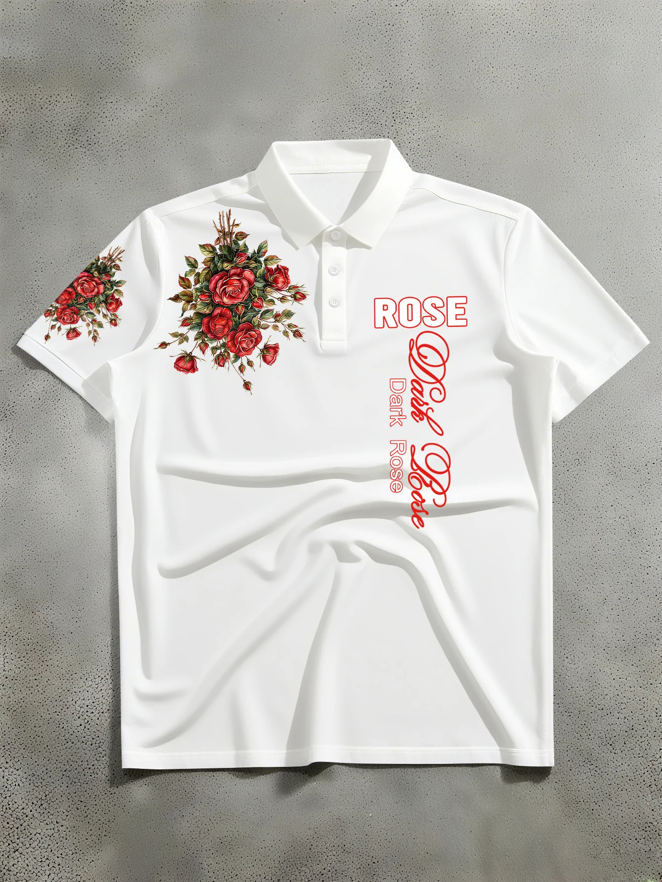 New unisex short sleeved polo shirt with American dark style red rose floral print paired with English text polo