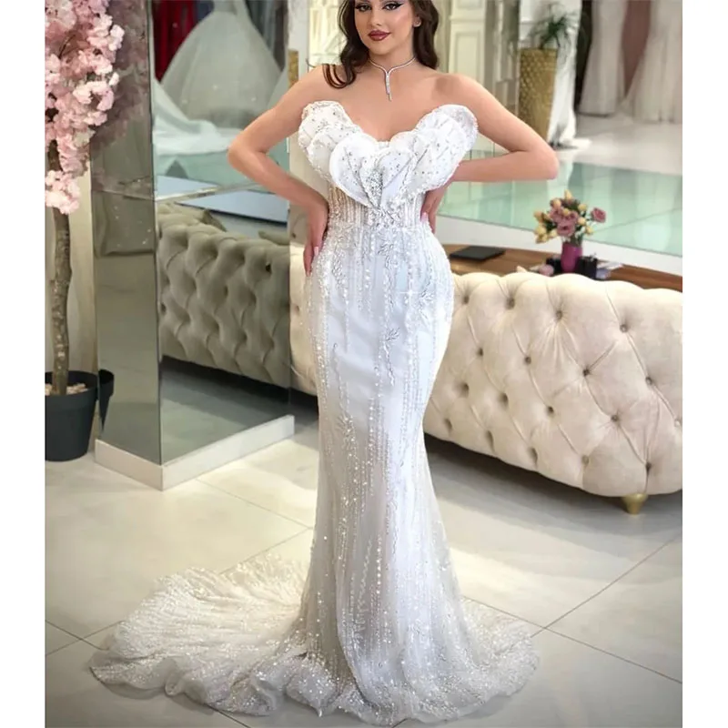 

Exquisite Mermaid Evening Dresses Sleeveless V Neck Appliques Sequins Floor Length Lace Beaded Prom Dress Formal Party Dress