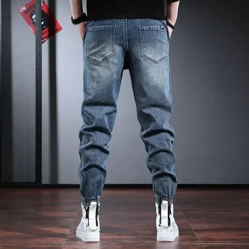 Trousers Spliced Cropped Jeans for Men Elastic Stretch Male Cowboy Pants with Pockets Large Size Kpop Wide Leg New in Washed Xs