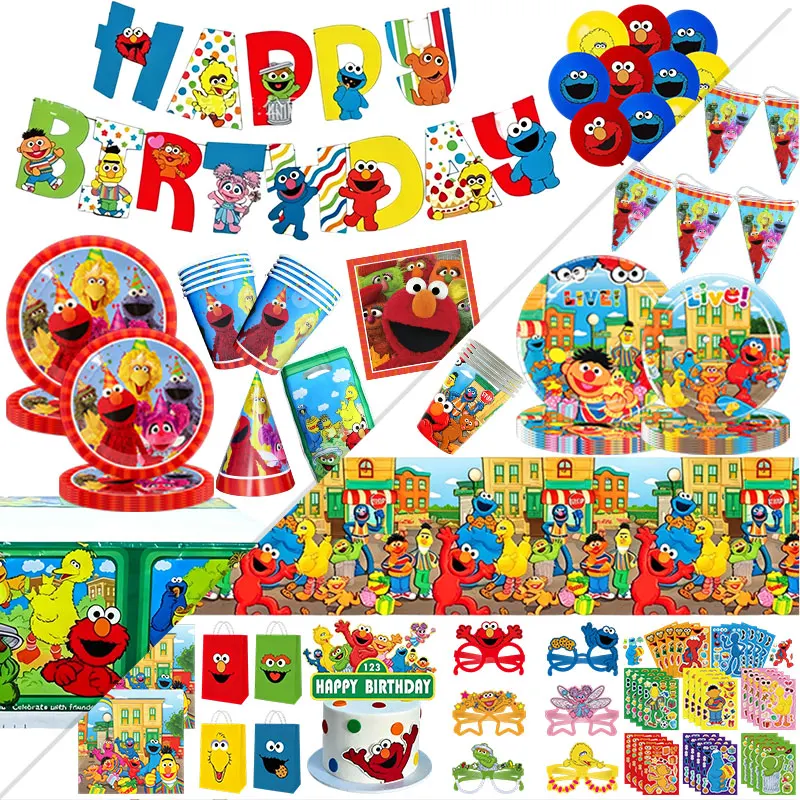 New Cartoon Birthday Event Disposable Tableware Plates Balloon sSesames Street Birthday Elmo and Friends Theme Party Decoration