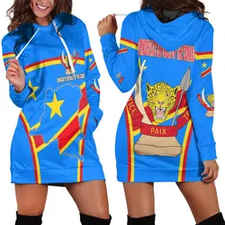 Democratic Republic of Congo Flag Tribal Vintage 3D Printed Harajuku Crew Neck Slim Casual Long Sleeve Funny Ladies Hoodie Dress