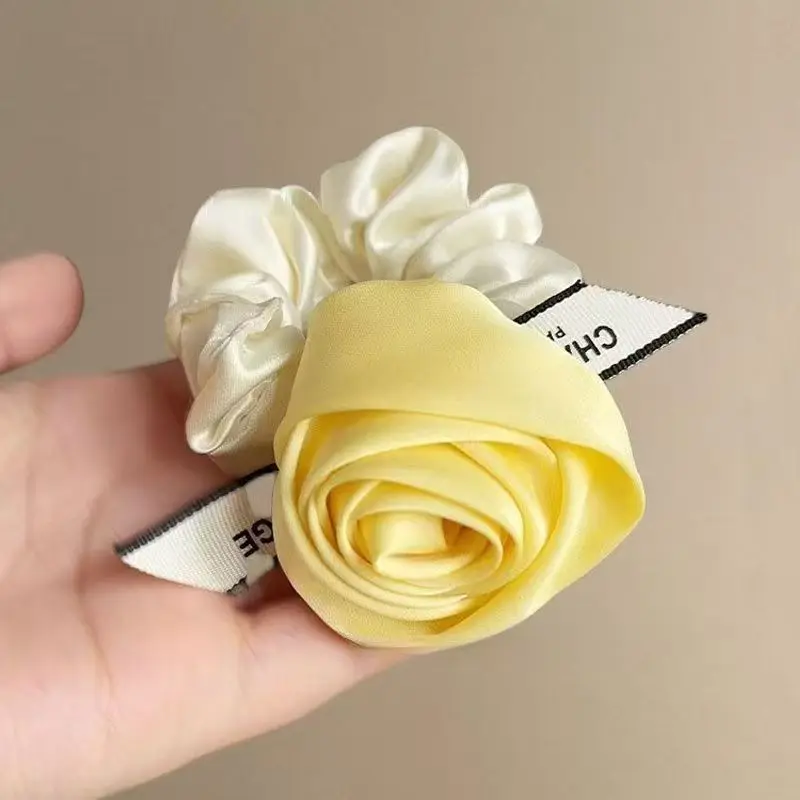 Satin Rose Flower Hair Scrunchie Letter Ribbon Decor Elastic Silk Hair Tie Women Elegant Hair Accessory
